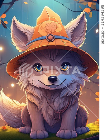 帽子を被った子犬のデフォルメイラスト　AI画像 114394398