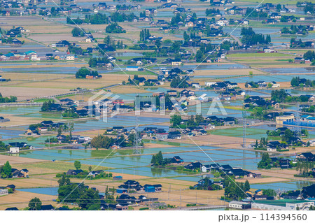 春の田植え時期を迎えた広大な砺波平野イメージ｜散居村展望台より撮影｜富山県砺波市 114394560
