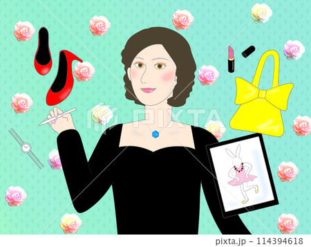 女性デザイナー(小薔薇の背景)ファッショングッズや化粧品など様々なデザインを手がけるクリエーター 女性デザイナー(小薔薇の背景)ファッショングッズや化粧品など様々なデザインを手がけるクリエーター 114394618
