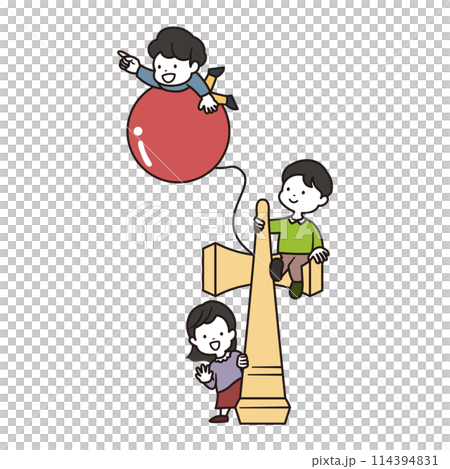 Illustration material of two boys and a girl playing with a large Kendama 114394831