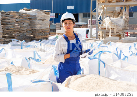 Asian female checking quality of building mix 114395255