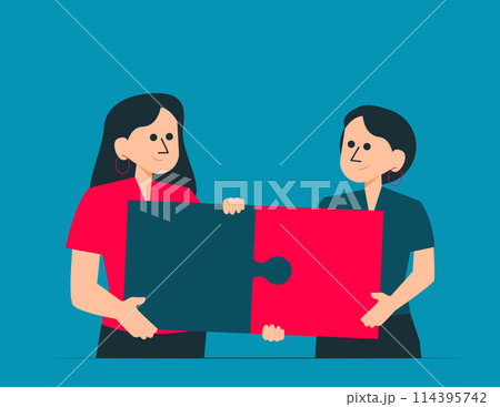 Happy team with jigsaw puzzle success. Soft skills concept illustration Happy team with jigsaw puzzle success. Soft skills concept illustration 114395742