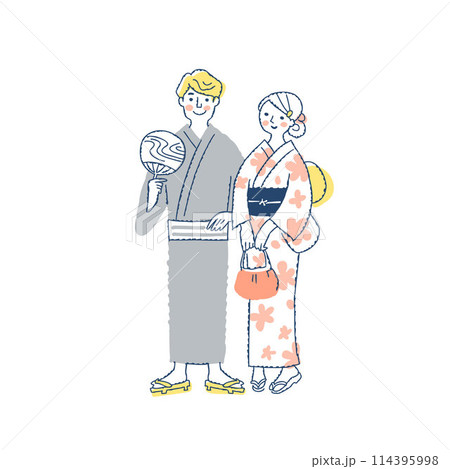 浴衣姿の若いカップル 114395998