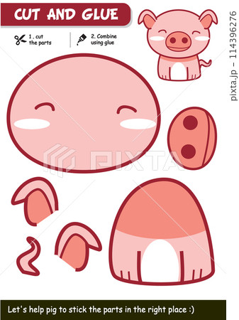 Educational paper craft game for children: Pig cut and glue activity for creative learning 114396276