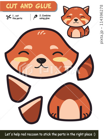 Educational paper craft game for children: Red raccoon cut and glue activity for creative learning Educational paper craft game for children: Red raccoon cut and glue activity for creative learning 114396278
