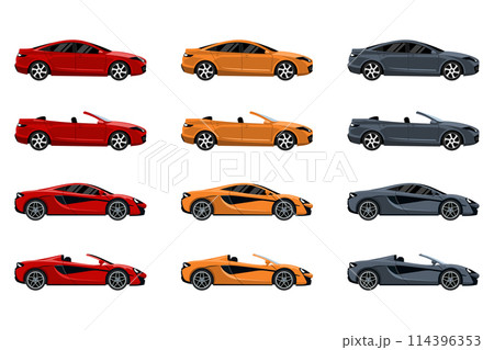 Cartoon set of exclusive sports cars and convertibles. Vector illustration of modern luxury transport Cartoon set of exclusive sports cars and convertibles. Vector illustration of modern luxury transport 114396353