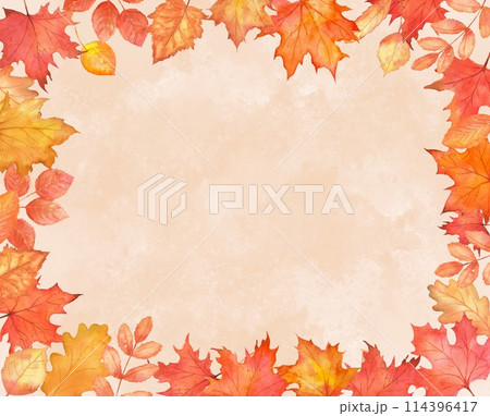Fall frame with leaves on watercolor background. Autumn falling maple leaves 114396417