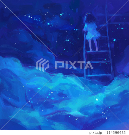 絵本テイストの少女と梯子と空 114396483