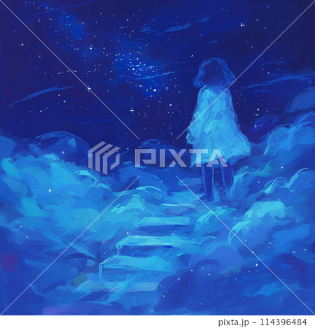 青く輝く夜空と月と流れる雲と青い海の幻想的な風景画 114396484