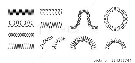 Spiral spring set. Black metal wire coil spring collection. Thin wire frames, zigzag lines, metal waves, flexible coils and arch element pack for graphic design templates, decor, border. Vector bundle 114396744
