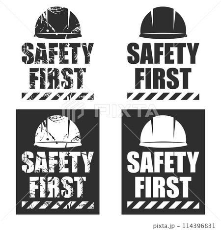 Safety first sticker and seals with distressed vintage style helmet. Warning sign and logo. Industrial safety and occupational health at work Safety first sticker and seals with distressed vintage style helmet. Warning sign and logo. Industrial safety and occupational health at work 114396831