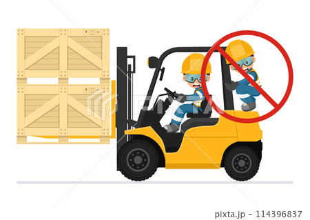 Transporting people on the forklift is prohibited. Fork lift truck transporting a wooden box packing pallet. Work accident in a warehouse. Security First. Industrial Safety and Occupational Health 114396837