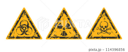 Hazard warning sign and pictograms for toxic, radioactive and biological materials. Management of hazardous substances and materials. Safety first. Industrial safety and occupational health at work 114396856