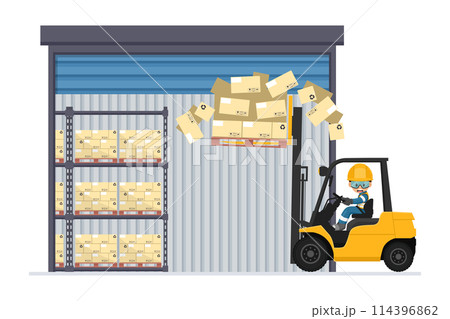 Do not drive with the forks raised or with a elevated load. Safety in handling a fork lift truck. Security First. Accident prevention at work. Industrial Safety and Occupational Health 114396862