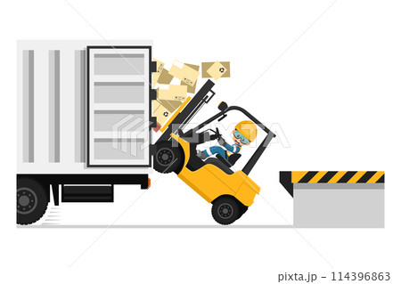 Safety in handling a fork lift truck. forklift overturning Maintain contact with the driver of the truck so as not to move it. Security First. Work accident. Industrial Safety and Occupational Health 114396863