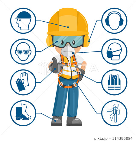 Construction industrial worker with personal protective equipment and icons, safety pictograms. Industrial safety and occupational health at work 114396884