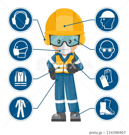 Industrial worker with personal protective equipment and icons, safety pictograms. Industrial safety and occupational health at work 114396907