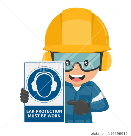 Industrial worker with mandatory use of earmuffs warning sign. Ear protection must be worn. Industrial safety and occupational health at work Industrial worker with mandatory use of earmuffs warning sign. Ear protection must be worn. Industrial safety and occupational health at work 114396913