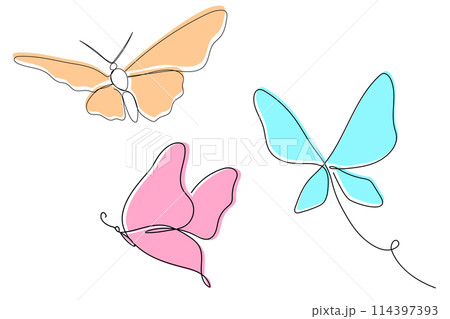 One continuous line butterfly vector pink illustrations set. Single line hand drawn sketch. Summer symbol in trendy style 114397393