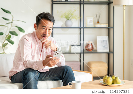 自宅でスマホを操作するミドル男性。 自宅でスマホを操作するミドル男性。 114397522
