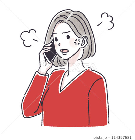 電話をする女性,電話をかける女性,女性,女の子,スマホ,スマートフォン,通話,問い合わせ,クレーム, 114397681