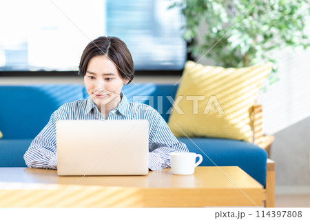 リビングでノートパソコンを操作する女性。 リビングでノートパソコンを操作する女性。 114397808