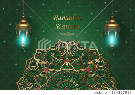 Islamic lantern and decoration pattern with elegant green starry background. suitable for Ramadan, Raya Hari, Eid al Adha Islamic holiday 114397917
