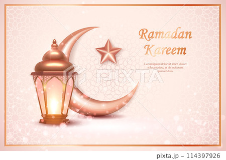 3D golden pink Islamic lantern and crescent moon star. suitable for Ramadan, Raya Hari, Eid al Adha Islamic holiday 114397926