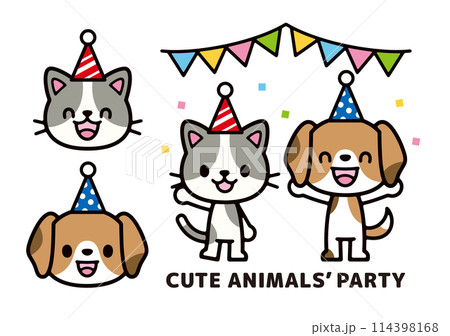 パーティーをしているかわいいビーグル犬と三毛猫のキャラクターイラスト 114398168