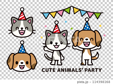 パーティーをしているかわいいビーグル犬と三毛猫のキャラクターイラスト 114398168