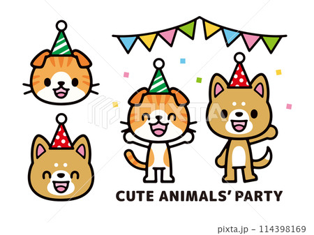パーティーをしているかわいい柴犬とスコティッシュフォールドのキャラクターイラスト 114398169