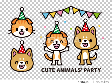 パーティーをしているかわいい柴犬とスコティッシュフォールドのキャラクターイラスト 114398169