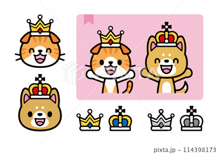 王冠をかぶったかわいい犬と猫のキャラクターのイラストセット 114398173