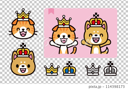 王冠をかぶったかわいい犬と猫のキャラクターのイラストセット 114398173