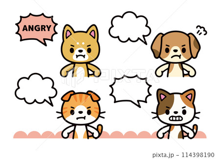 怒っている犬と猫のかわいいイラストと吹き出しのセット 114398190