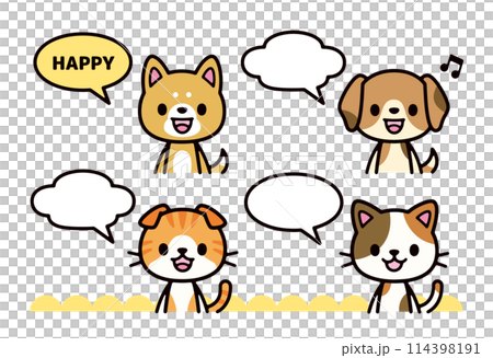 一組語音氣泡,帶有微笑和說話的狗和貓的可愛插圖 一組語音氣泡,帶有微笑和說話的狗和貓的可愛插圖 114398191