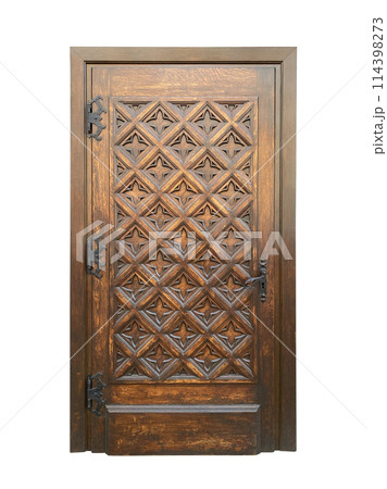 Old wooden ornate door isolated on white background with clipping path 114398273