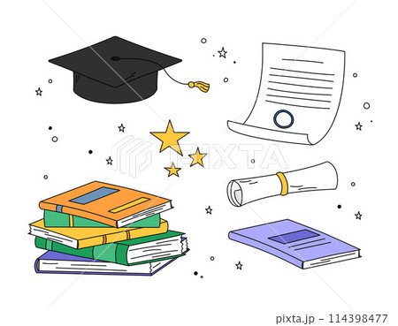 Graduation doodle elements vector set. Illustrations of isolated square academic cap, mortarboard, diploma, books pile and stars. Colorful outline symbols of high school, college, academy graduation 114398477