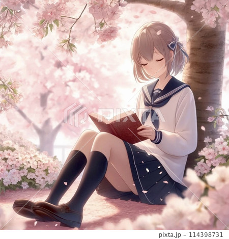 桜の木の下で読書をする女子高生 114398731