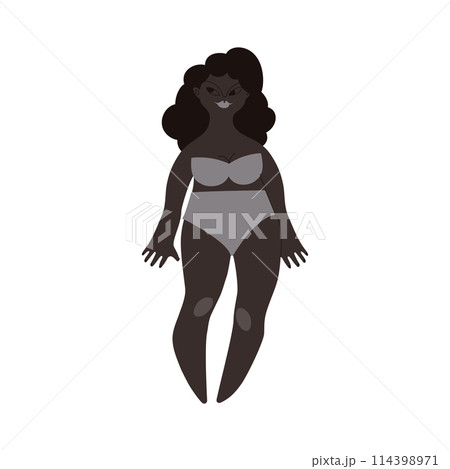 Flat African woman in underwear. Black skin person with black hair in cartoon style for multinational and diversity designs. Vector illustration. 114398971