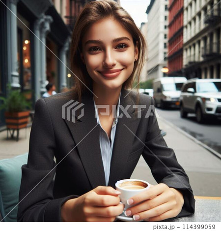 コーヒーを飲む若いビジネスウーマン 114399059