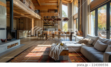 Luxurious modern wooden interior with extensive library and cozy living space. Luxurious modern wooden interior with extensive library and cozy living space. 114399556