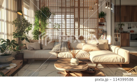 Modern living room with beige sofa, wooden coffee table, and multiple indoor plants. Modern living room with beige sofa, wooden coffee table, and multiple indoor plants. 114399586