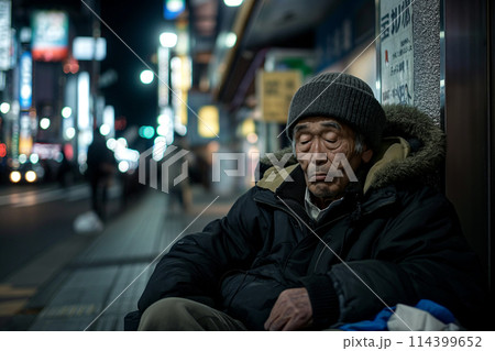 夜の繁華街で座り込むホームレス 114399652