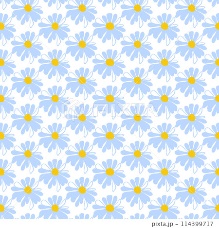 Spring seamless pattern rows meadow daisies white Summer template Blooming wildflower ditsy ornament wrapping fabric wallpaper textile mosaic vector 114399717