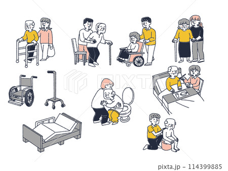 さまざまな介護シーンのイラストセット 114399885