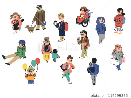 冬服で街を行く人々の手書きイラストセット 114399886