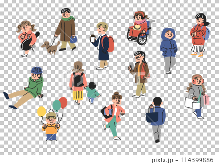 冬服で街を行く人々の手書きイラストセット 114399886
