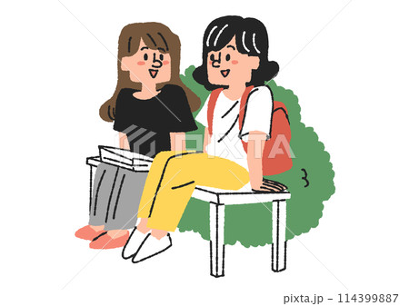 交流している学生たちのイラスト　コミカルな手書きの人物　ベクター、線画にカラー 114399887