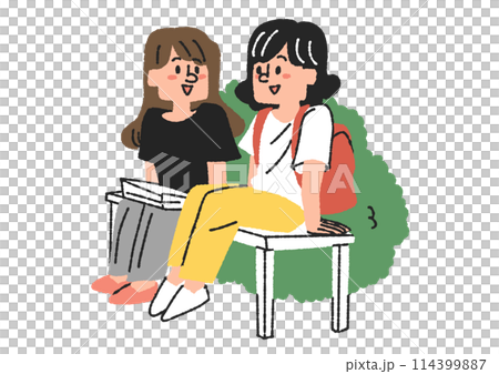 交流している学生たちのイラスト　コミカルな手書きの人物　ベクター、線画にカラー 114399887